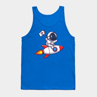 Cute Astronaut Riding Rocket And Holding Flag Cartoon Tank Top